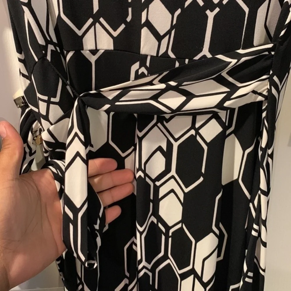 Glamour Black Tan Tie Dress 3/4 Sleeve Size 12/14 EUC #0021